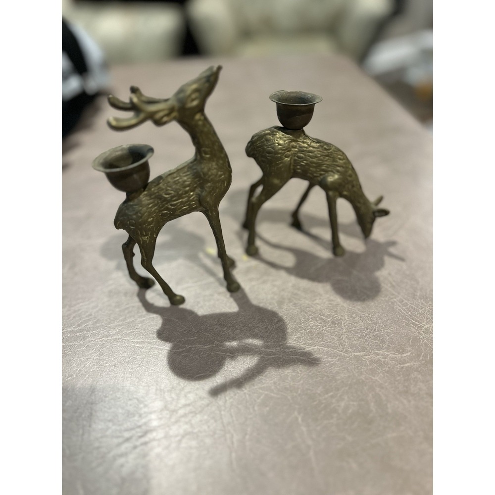 Vintage Pair 2 BRASS Deer Candle Holder Candlestick Buck Doe‎ Reindeer